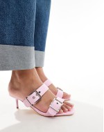 kitten heel double buckle strap mules in pink