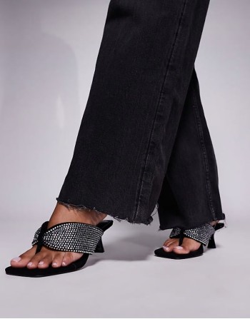 toe thong heeled sandal with diamante detail in black