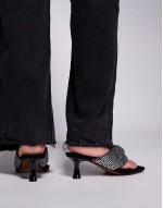 toe thong heeled sandal with diamante detail in black