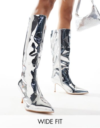 Amped Wide Fit kitten heel straight leg pointed knee boots in silver mirror