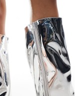 Amped Wide Fit kitten heel straight leg pointed knee boots in silver mirror