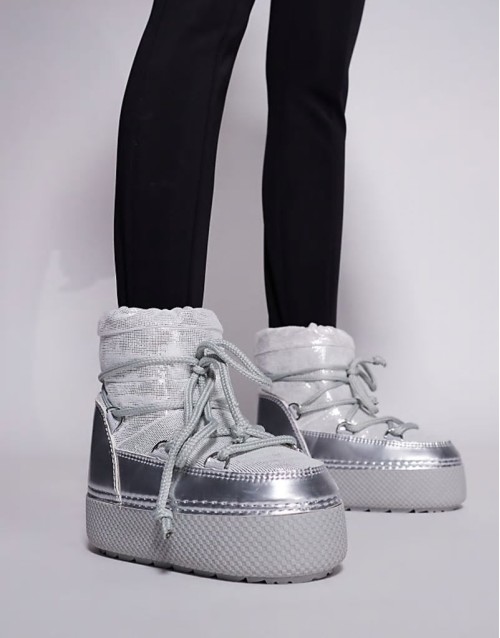 Lace Up Snow Boot in Silver