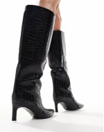 knee high kitten heel boot in black croc