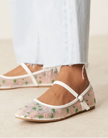mary jane ballet flats in white mesh with floral embroidery