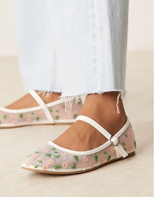 mary jane ballet flats in white mesh with floral embroidery