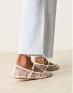 mary jane ballet flats in white mesh with floral embroidery