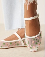 mary jane ballet flats in white mesh with floral embroidery