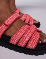 Simmi London Adelle strappy flat sandals in raffia coral