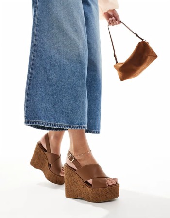 Valentina cross strap cork wedge heeled sandals in tan