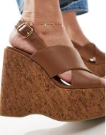 Valentina cross strap cork wedge heeled sandals in tan