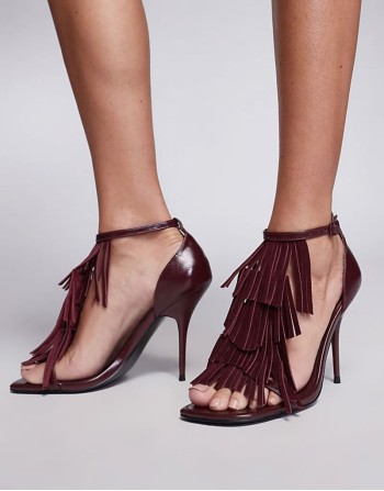 Night Shade premium leather tassel detail heeled sandals in burgundy